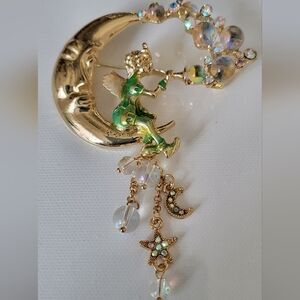Gorgeous Goldtone Green Enamel  Moon Fairy Brooch